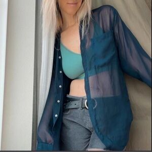 American apparel Sheer Navy Button-Up Shirt - Lightweight Women's Top